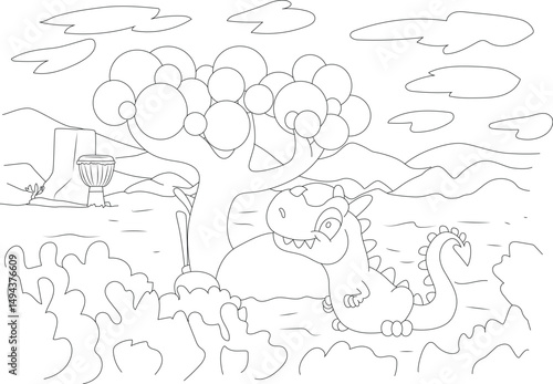 Cute Baby Dragon Line Art for Coloring, Black and white line illustration of a cute baby dragon sitting by a tree in a peaceful landscape with mountains and a river. Ideal as a coloring page or for 
