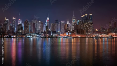 Panoramic night view of manhattan skyline with glittering skyscrapers and new york city lights reflected on hudson river