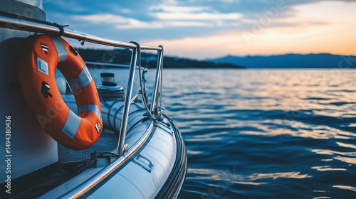 Boating safety equipment on a yacht at sunset.