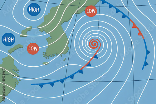 Typhoon Weather Map with Pressure Systems – Meteorological Forecast Illustration