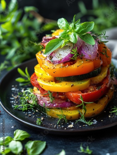 Stacked Napoleon Layered with Fresh Summer Vegetables and Herbs