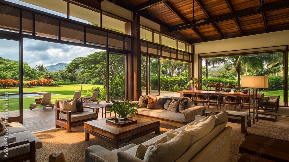 Fototapeta premium Luxurious, open-plan living room with floor-to-ceiling windows, wooden beams, and a view of lush green landscape