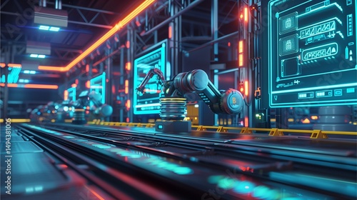 Futuristic automated factory featuring robots and advanced technology