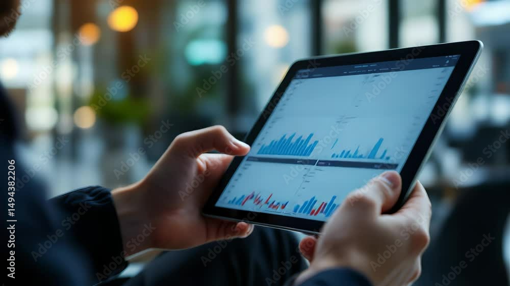 custom made wallpaper toronto digitalClose-up of hands interacting with financial graphs on a tablet screen in a modern office setting with blurry city lights. Concept of digital finance and analysis