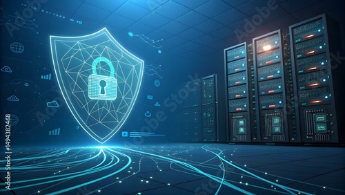 Fototapeta Naklejka Na Ścianę i Meble -  Visual representation of a secure VPN tunnel fortified by AI algorithms, symbolizing enhanced online privacy and intelligent virtual private network management.