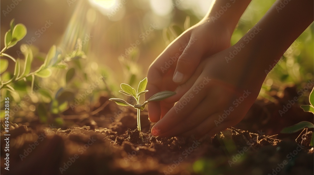 Fototapeta premium Hands gently planting a young seedling in rich soil, bathed in warm sunlight. The scene evokes a sense of nurturing and growth.