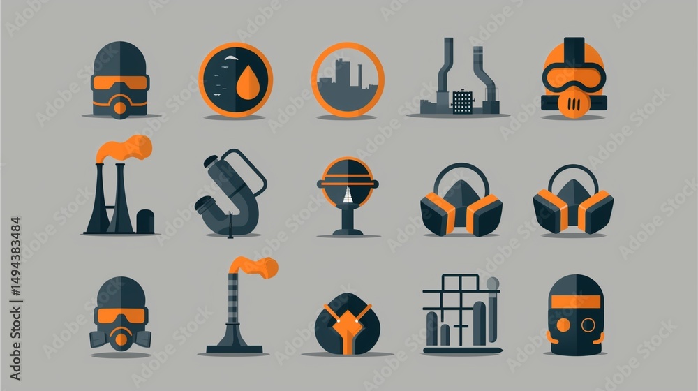 Fototapeta premium Industrial safety and protection vector icons set, design. A visual representation of workplace safety