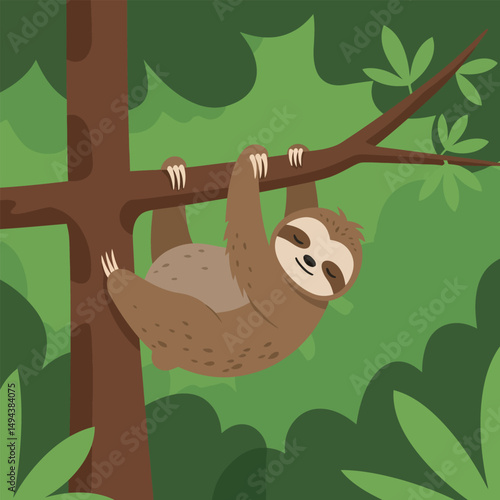 Cute Sloth Hanging on Tree Branch in Jungle Illustration