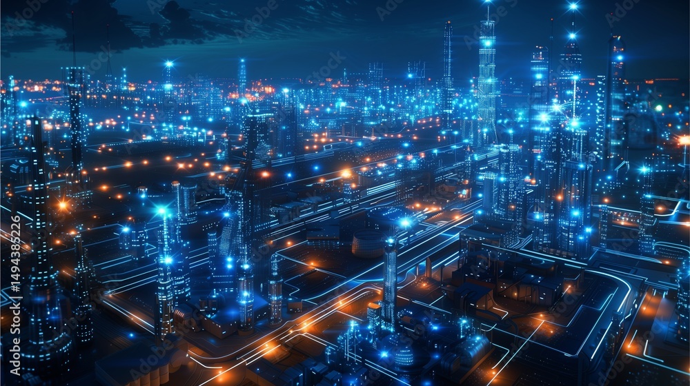 Fototapeta premium a modern industrial complex bathed in the electric glow of the night, showcasing the technological infrastructure of a city