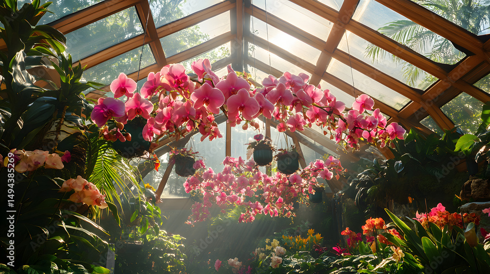 Obraz premium flower, garden, flowers, nature, plant, greenhouse, pink, summer, spring, house, beauty, plants, blossom, bloom, tree, flora, colorful, red, gardening, orchid, grass, floral, petunia, nursery, bloomin