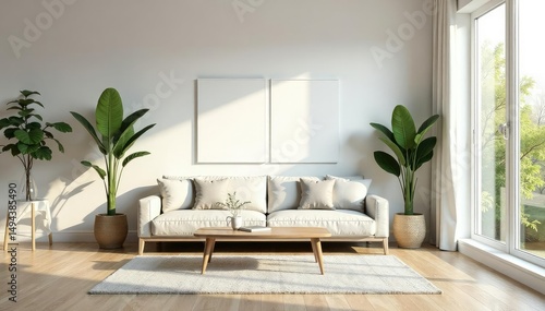 Serene minimalist living room with simple furniture and natural light Potted plant adds a touch of nature , decor, contemporary, tidy