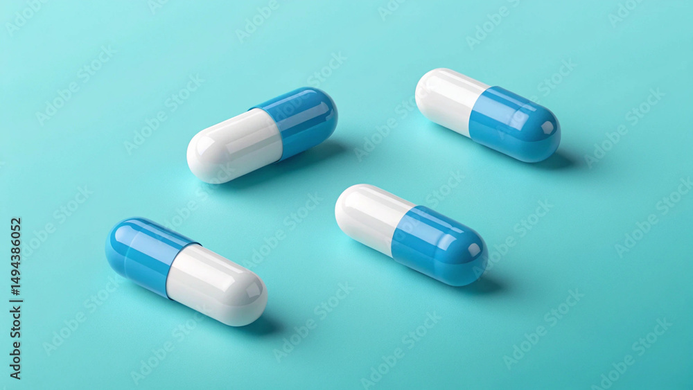 3D Render of Blue and White Capsules on Shiny Pharmaceutical Lab Floor 3D Render of Blue and White Capsules on Shiny Pharmaceutical Lab Floor