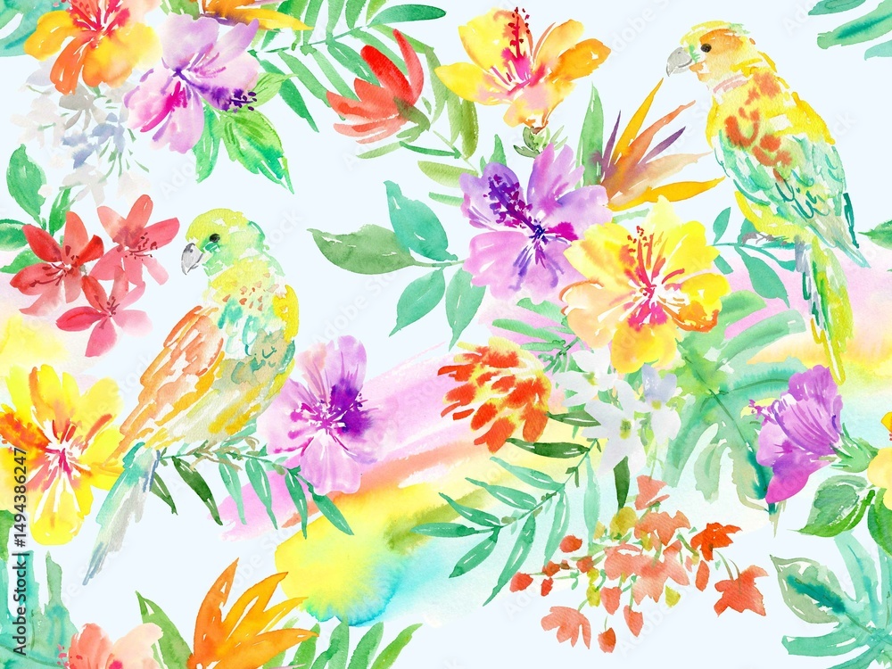 Fototapeta premium Seamless pattern of abstract purple and yellow hibiscus flowers, parrots ,tropical foliage, and monstera leaves painted in watercolor. Hand painted tropical flowers and birds wallpaper.