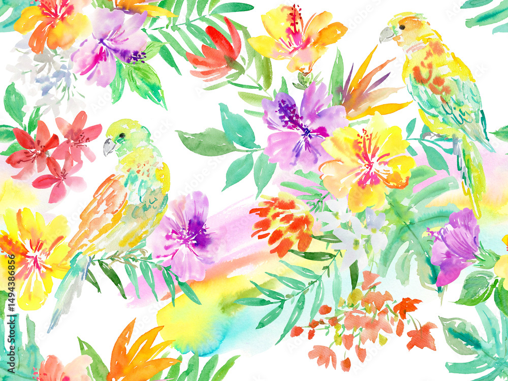 Fototapeta premium PNG seamless pattern of abstract purple and yellow hibiscus flowers, parrrots,tropical foliage, and monstera leaves painted in watercolor. Hand painted tropical flowers and birds wallpaper.