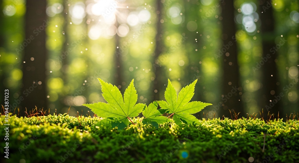 Bright green maple leaves adorn a mossy forest floor under a sunlit bokeh effect, creating a serene nature scene Bright green maple leaves adorn a mossy forest floor under a sunlit bokeh effect, creating a serene nature scene