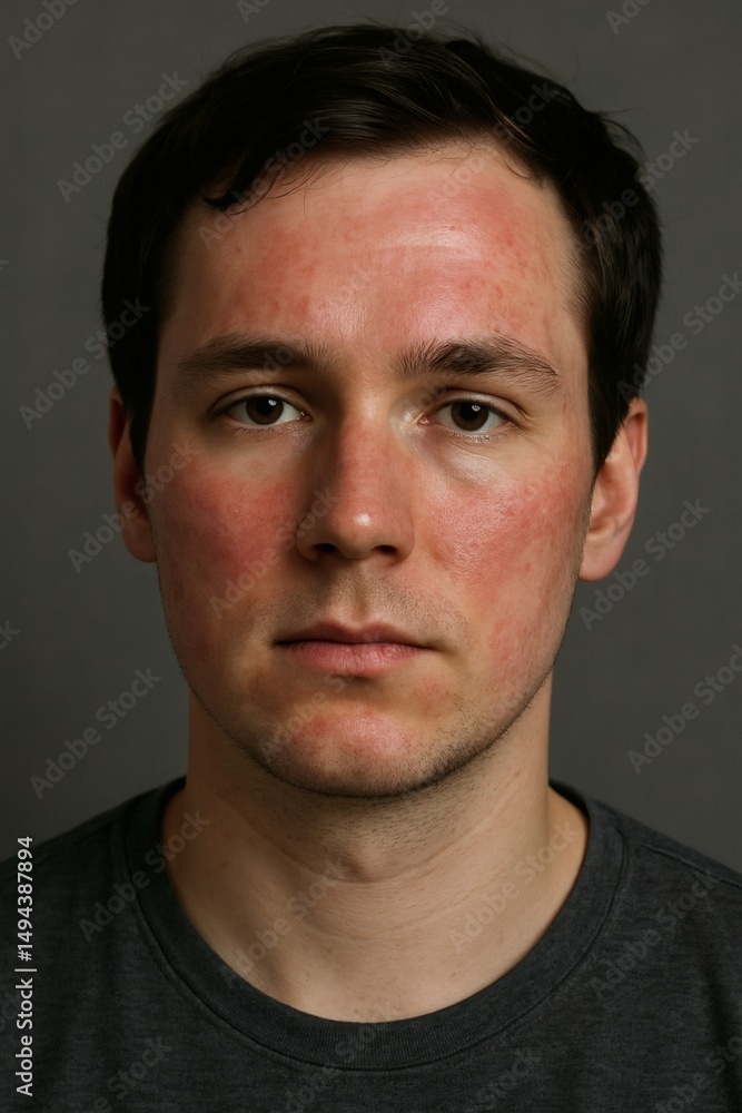 Fototapeta premium Young Man with Facial Rash from Allergy - Realistic Skin Condition, Redness on Cheeks and Forehead, Neutral Expression, Studio Portrait