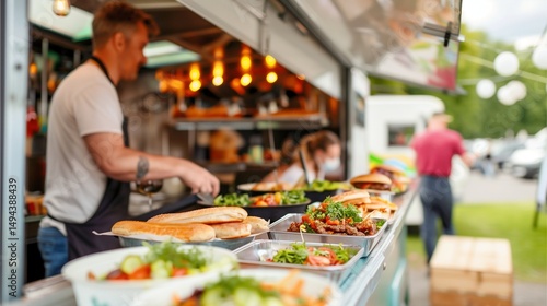 Street food vendor preparing fresh and appetizing meals inside the mobile food truck 