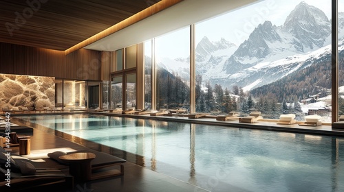 Modern spa interior with breathtaking mountain views.