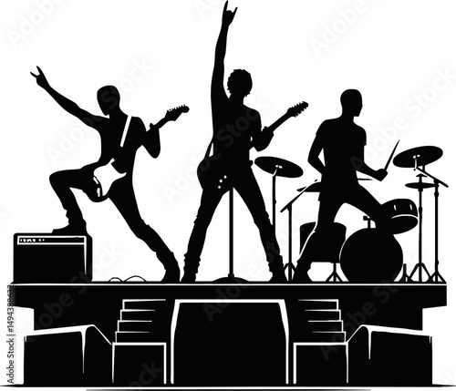 Silhouette of rock band on stage – guitarist, drummer, singer – live concert vector style isolated simple vector art on white background