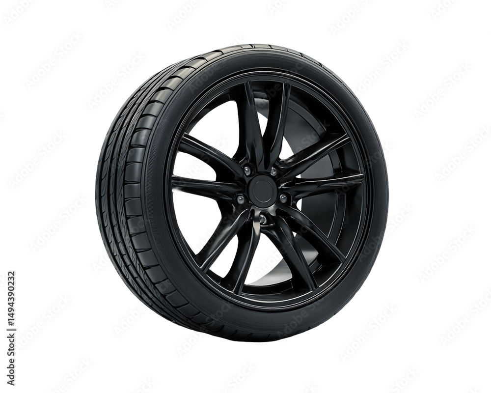 Obraz premium Black Tire and Rim with Multi-Spoke Design on Transparent Background, PNG