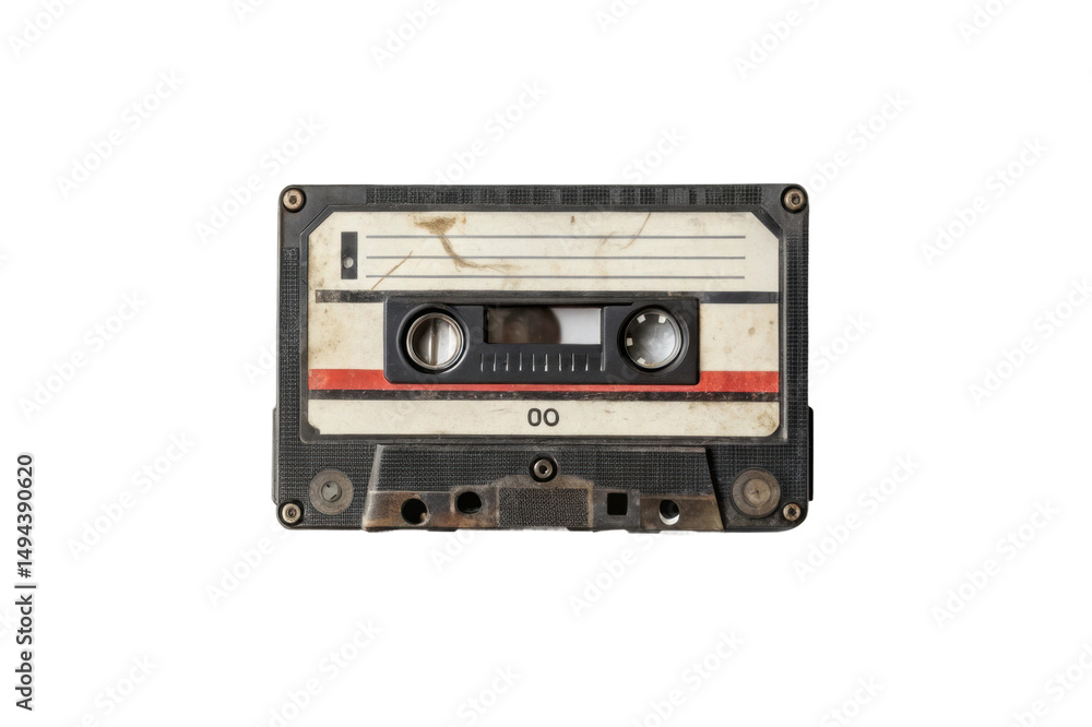 Fototapeta premium PNG Vintage audio cassette tape with worn labels on black background