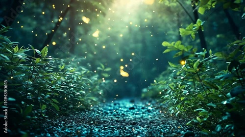 Enchanting forest path at dusk, fireflies glowing, leaves shimmering, magical atmosphere