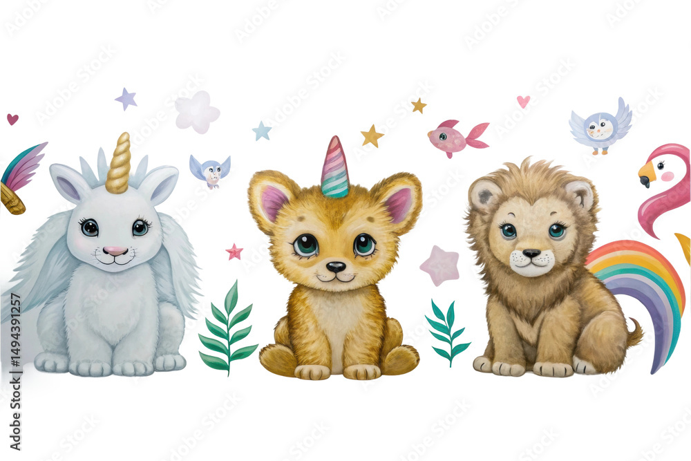 Obraz premium PNG Cute cartoon unicorn, puppy, and lion with rainbow and stars in fantasy setting