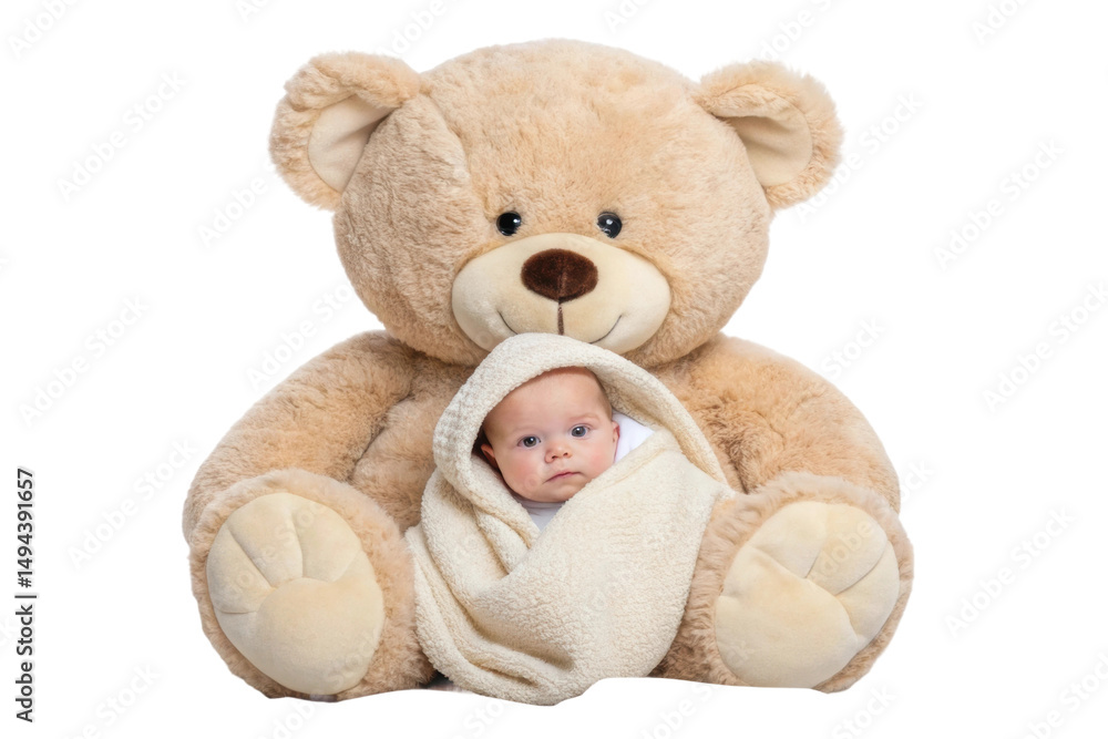 Obraz premium PNG Cute baby wrapped in blanket with giant teddy bear companion