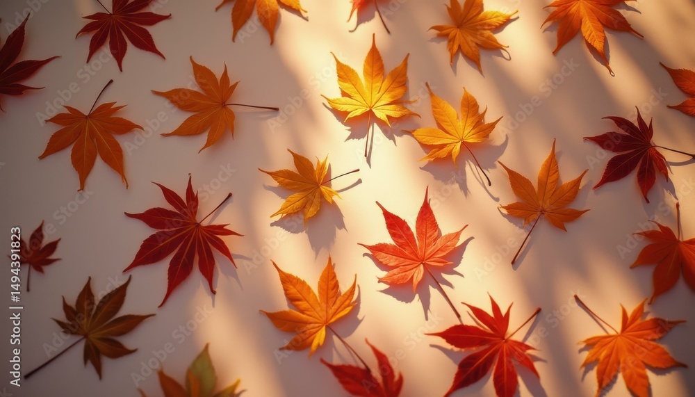 Autumn Leaves of Japanese Maple Displayed on White Surface - Autumnal Colors, Light and Shadows, Simple Elegance Autumn Leaves of Japanese Maple Displayed on White Surface - Autumnal Colors, Light and Shadows, Simple Elegance