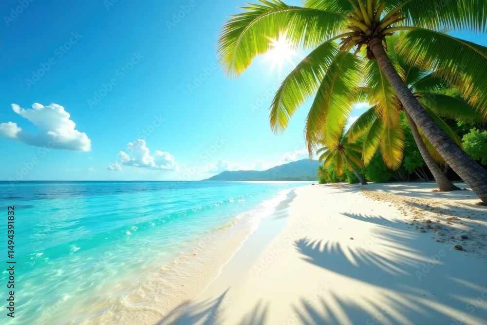 Obraz premium Sun-drenched beach, crystal-clear water, swaying palms , getaway, sunshine