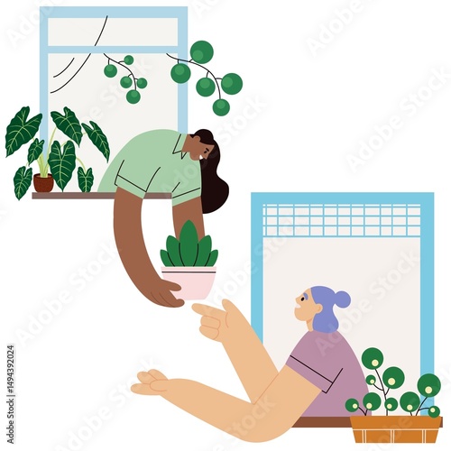 Good neighborhood concept. Neighbors help, woman sharing potted house plant, giving to man from open window. Neighbours friendship. Flat graphic vector illustration isolated on white background