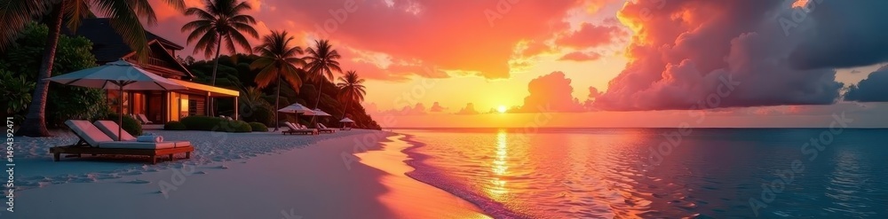 Fototapeta premium Vibrant sunset casts warm glow on luxurious resort near tropical beach , palm trees, hotel
