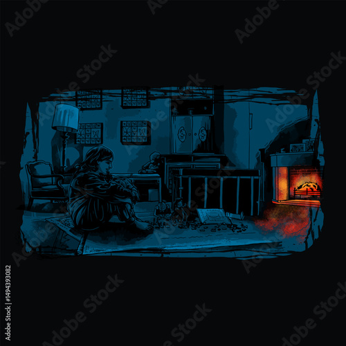 Cozy solitude scene: A solitary individual is shown in a dimly lit, and quaint interior, enveloped in a world of intimate comfort. Evoking a sense of introspection and tranquility.