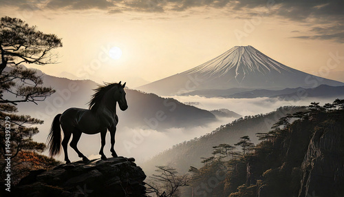 富士山と絶壁に立つ馬,Generative AI,AI画像