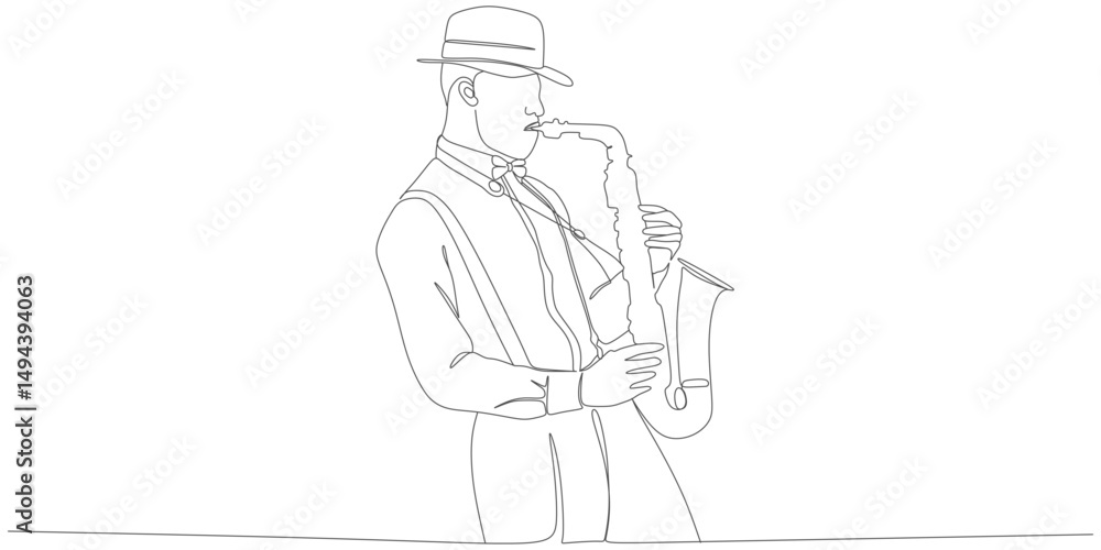 Obraz premium Continuous Line Drawing of a Man Playing Saxophone in Vintage Style