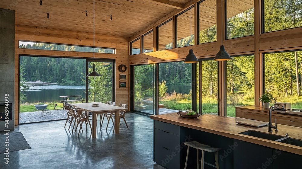 Cozy cabin interior with large windows offering scenic views of a lake and forest. The space includes a dining area and kitchen Cozy cabin interior with large windows offering scenic views of a lake and forest. The space includes a dining area and kitchen