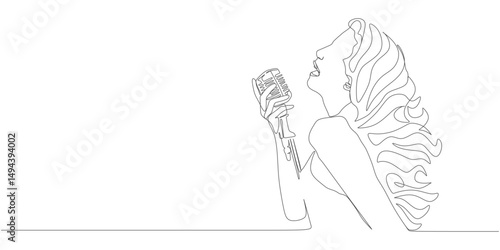 Continuous Line Drawing of a Woman Singing with a Microphone

