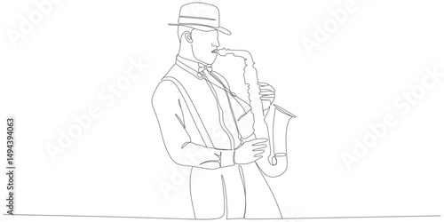 Continuous Line Drawing of a Man Playing Saxophone in Vintage Style