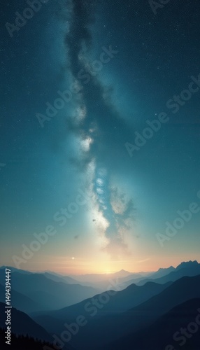 Majestic Milky Way over misty mountain range at sunset with sunlit peaks and celestial atmosphere