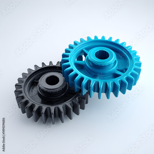 3D image of two gear wheels in black and blue shades, showing rotation, connection and mechanism idea, simple background, high-quality digital render for modern design concept.