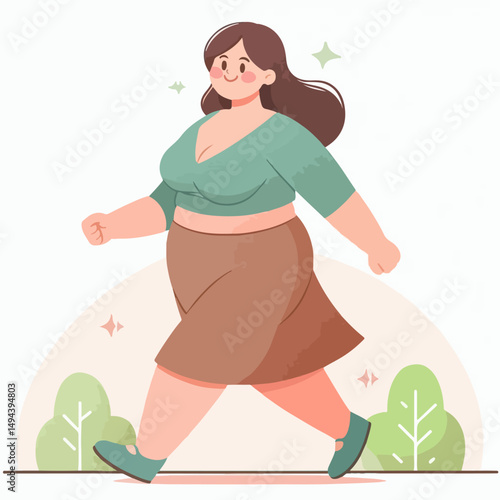 An illustration of an overweight woman walking leisurely in the park with a happy smile.