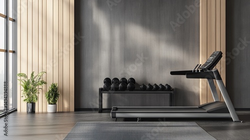 Modern Gym Interior with Treadmill, Dumbbells, and Natural Lighting