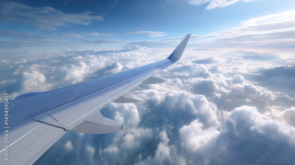 Fototapeta premium Aerial view from an airplane wing above fluffy clouds under a bright, blue sky.