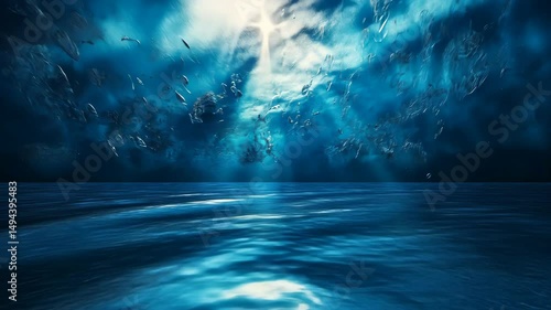 Wallpaper Mural Dramatic, dark blue seascape with ethereal clouds and light rays Torontodigital.ca