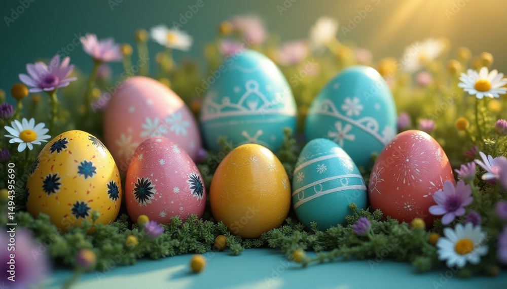 Fototapeta premium Festive Easter eggs in vibrant colors nestled in a grassy meadow surrounded by daisy flowers