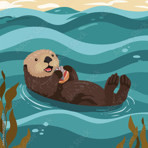 Cartoon Otter Floating on Water Eating Shellfish Vector Illustration