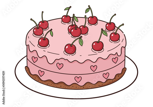 Cherry Topped Cake with Heart Decoration, Illustration