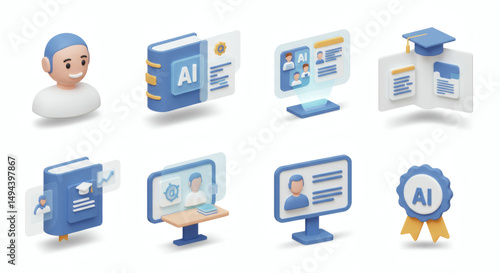 Artificial Intelligence Learning Concept with 3D Icon Designs for Online Education