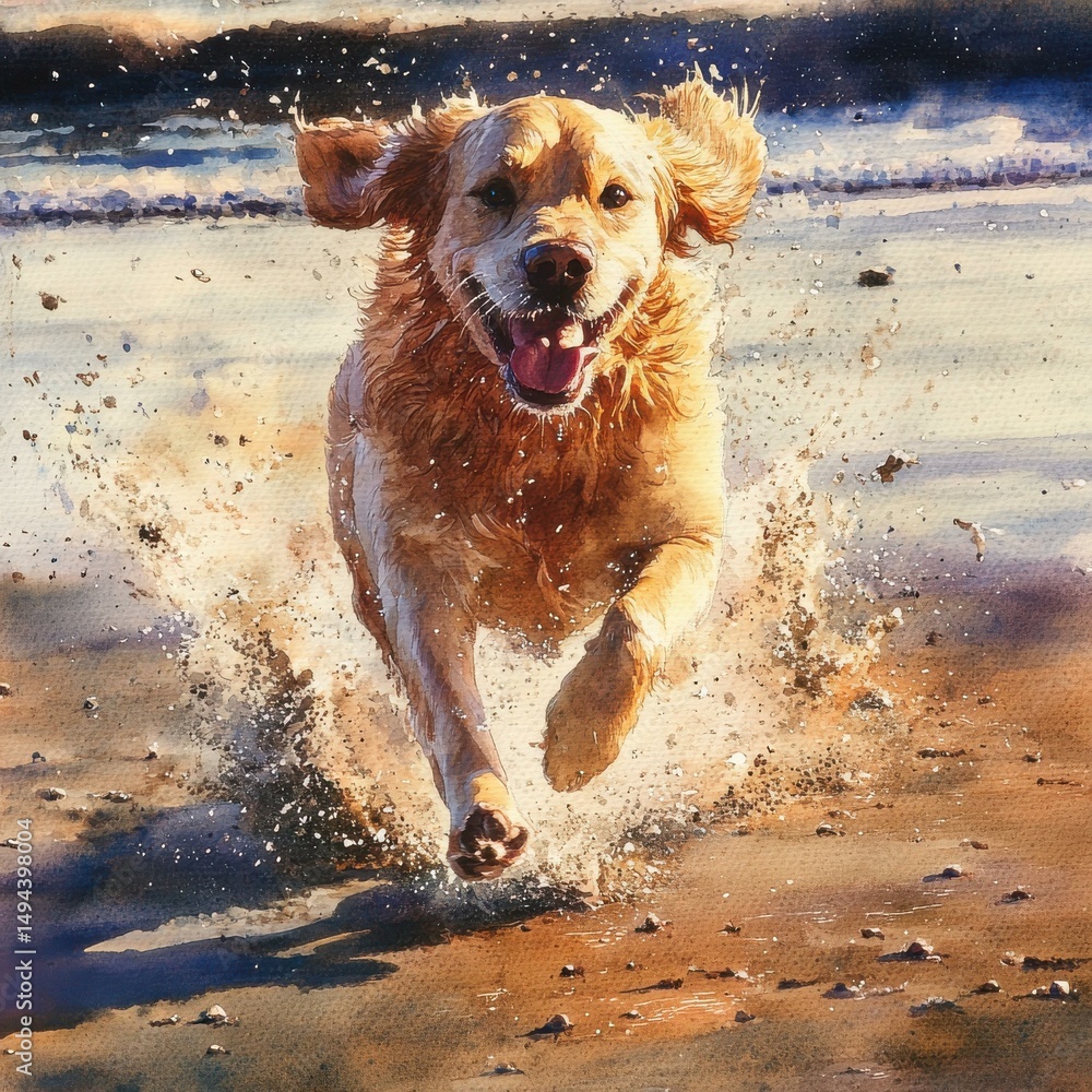 Golden Retriever Galloping Joyfully on a Sandy Shoreline in Vibrant Watercolor Painting Golden Retriever Galloping Joyfully on a Sandy Shoreline in Vibrant Watercolor Painting
