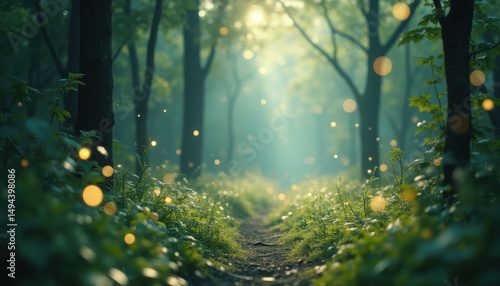 Wallpaper Mural Enchanted forest path with magical bokeh lights and lush green foliage creating a whimsical fairytale scene Torontodigital.ca
